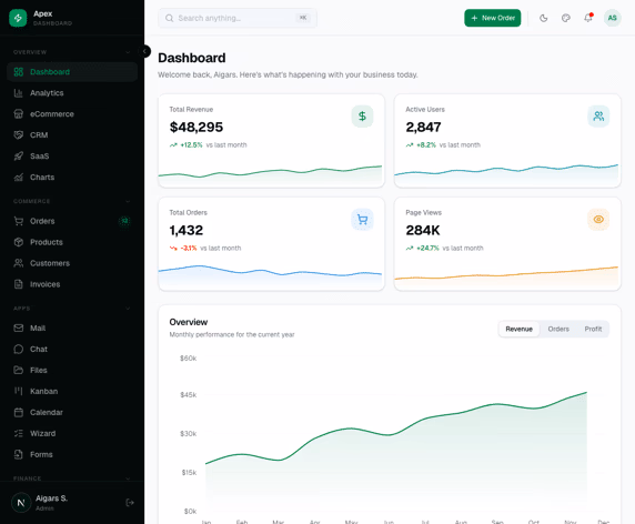 Apex Dashboard Next.js 16 admin template with dark mode and live theme customizer