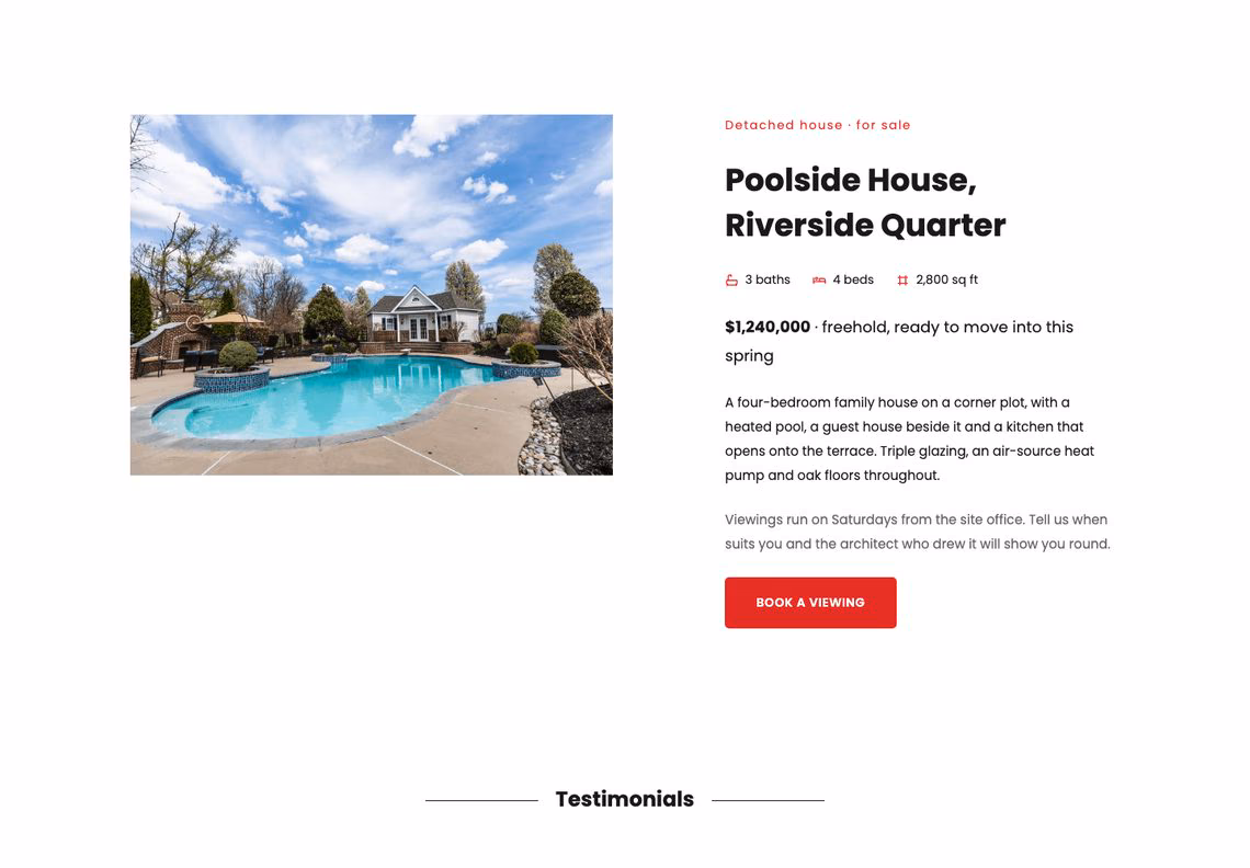 Dreamrs apartment listing: a photograph of a poolside house beside its baths, beds, floor area, price and a Book a viewing button, above the Testimonials heading