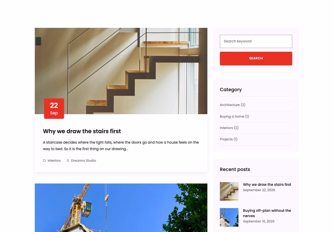 Dreamrs blog: a post card with a date badge and a photograph of an oak staircase, beside a sidebar with search, categories and recent posts