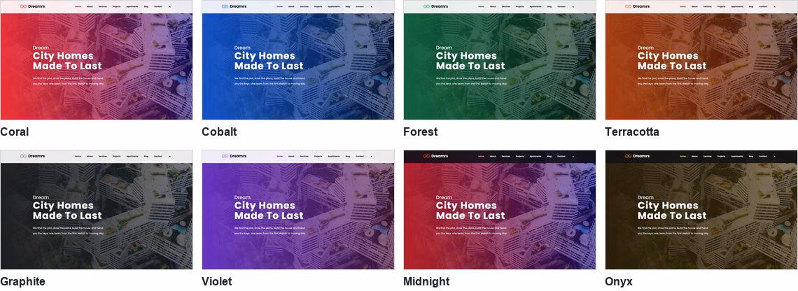 The Dreamrs home page hero in eight colour palettes: Coral, Cobalt, Forest, Terracotta, Graphite, Violet, Midnight and Onyx