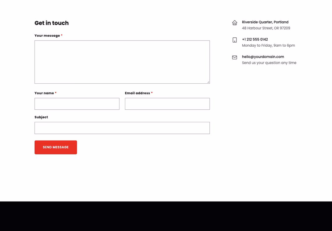 Dreamrs contact page: a form with message, name, email and subject fields beside the address, phone number and email address