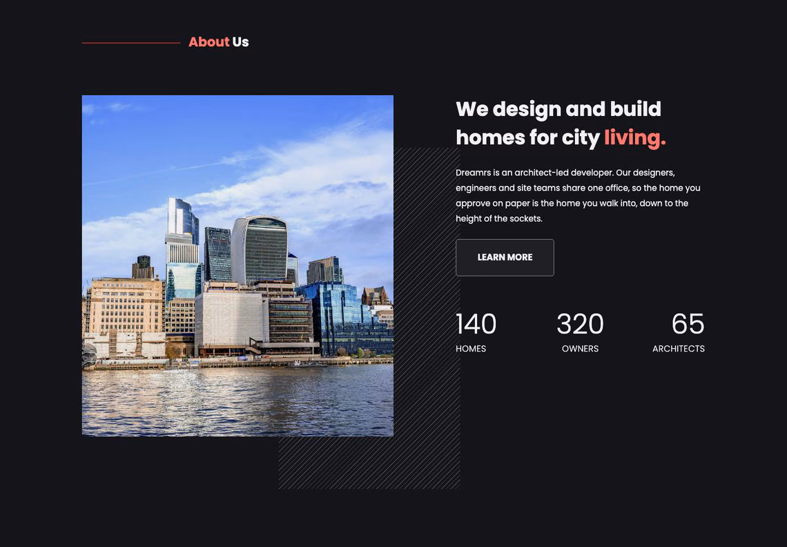 Dreamrs in dark mode: the About section with the waterfront photograph and white counters on a near-black page