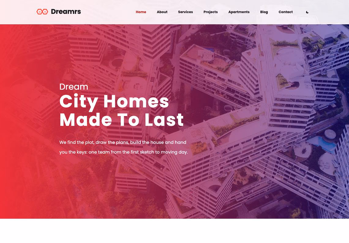 Dreamrs home page: the header over the gradient hero, an aerial photograph of apartment blocks with the headline City Homes Made To Last