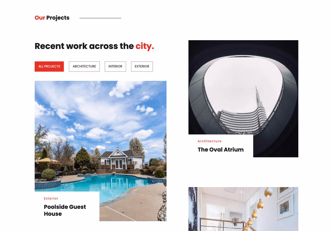 Dreamrs projects section: category filters and project cards for a poolside guest house and an oval atrium seen from below, with a stairwell loft starting below