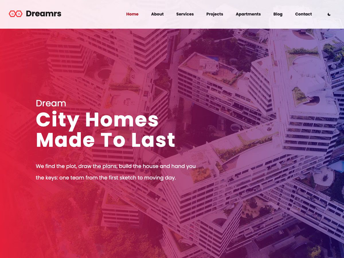 Dreamrs WordPress theme home page: an aerial photograph of city apartment blocks under a red-to-violet gradient, with the headline City Homes Made To Last