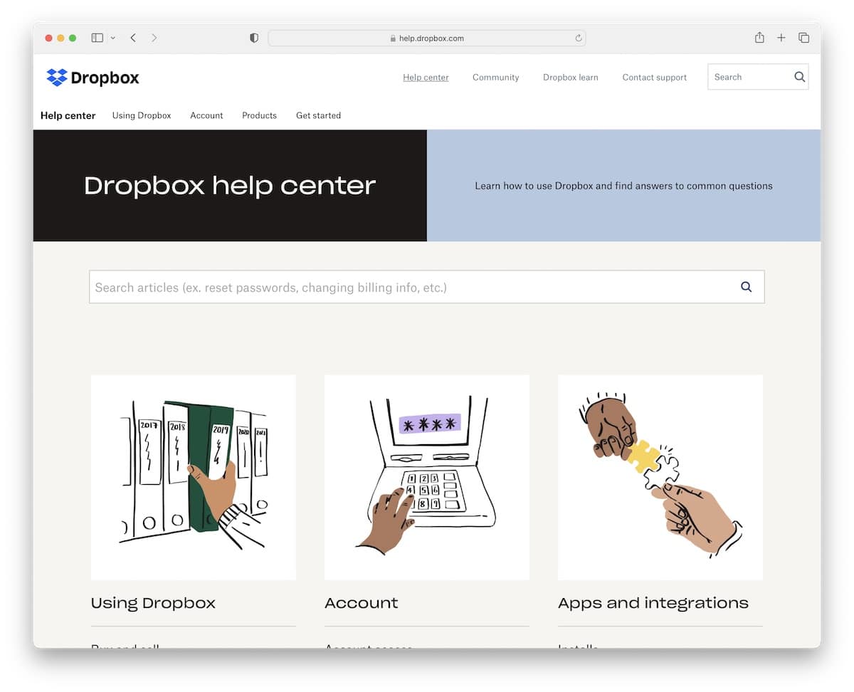 dropbox help center page example