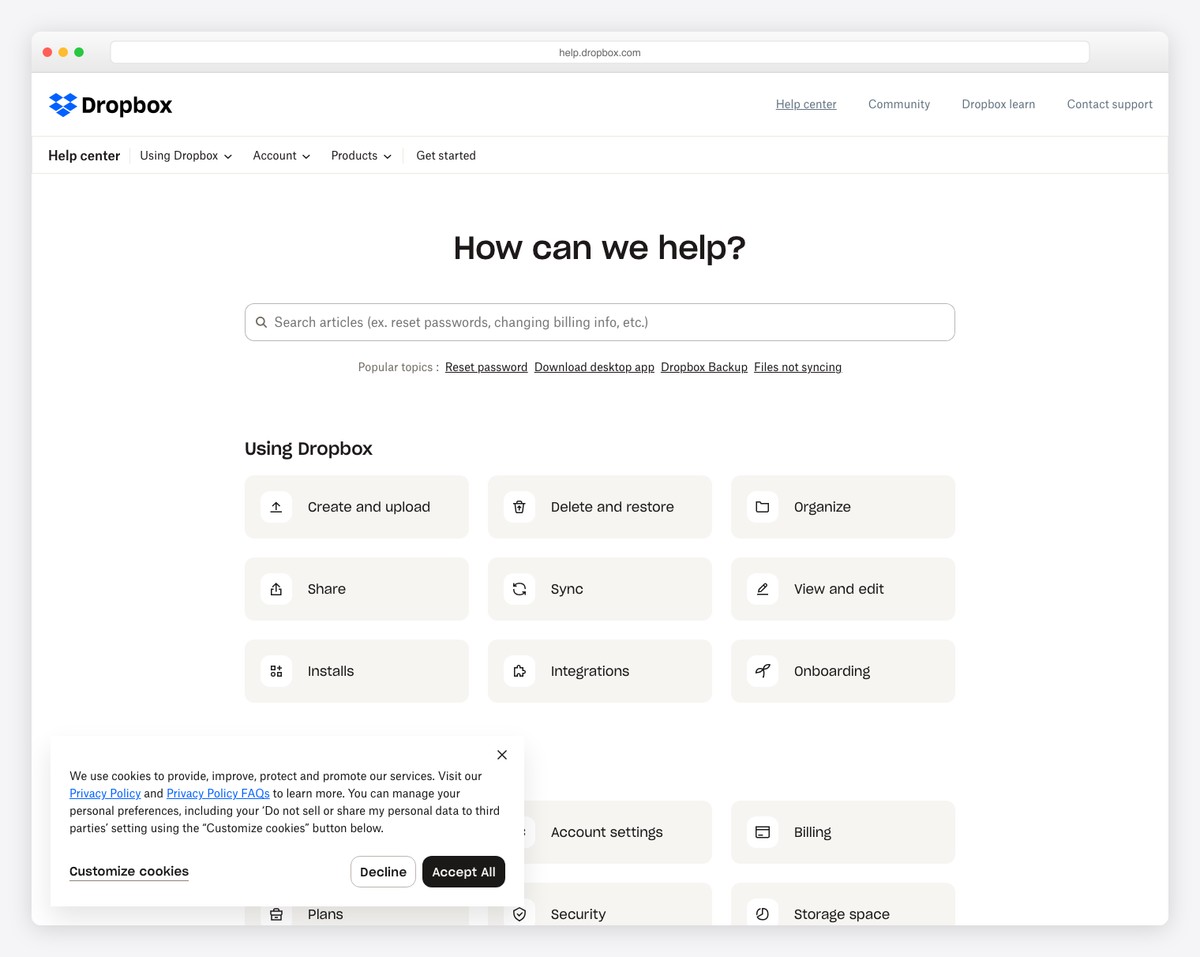 dropbox help center page example