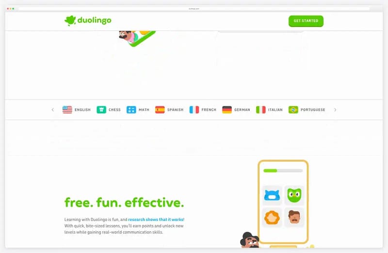 Duolingo website animation: illustrations sliding in as sections scroll into view
