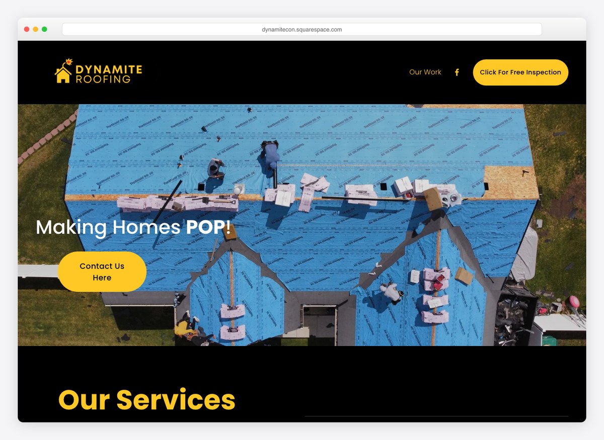 Dynamite Roofing roofing company website homepage