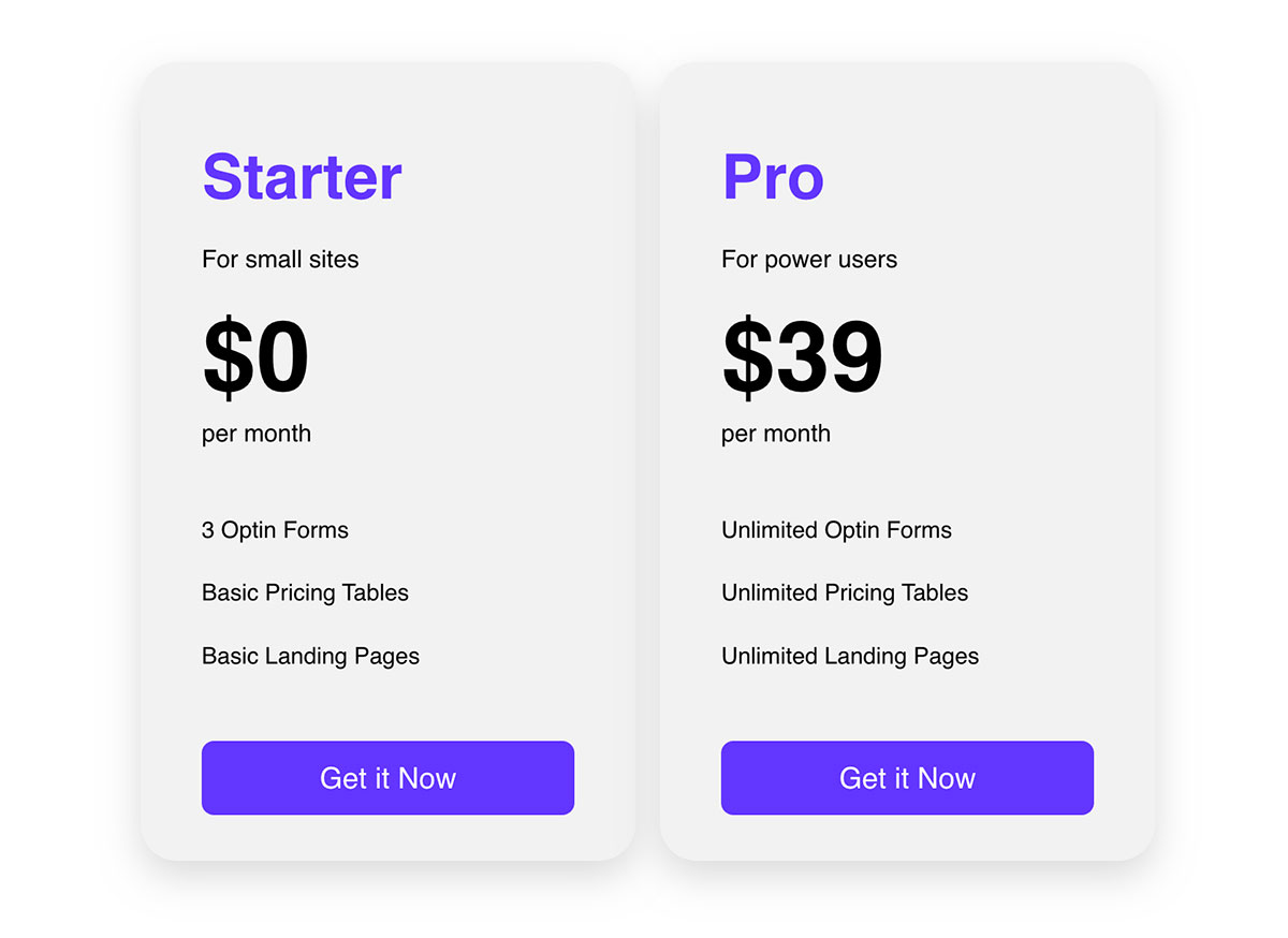 Example pricing table created using Easy Pricing Tables plugin