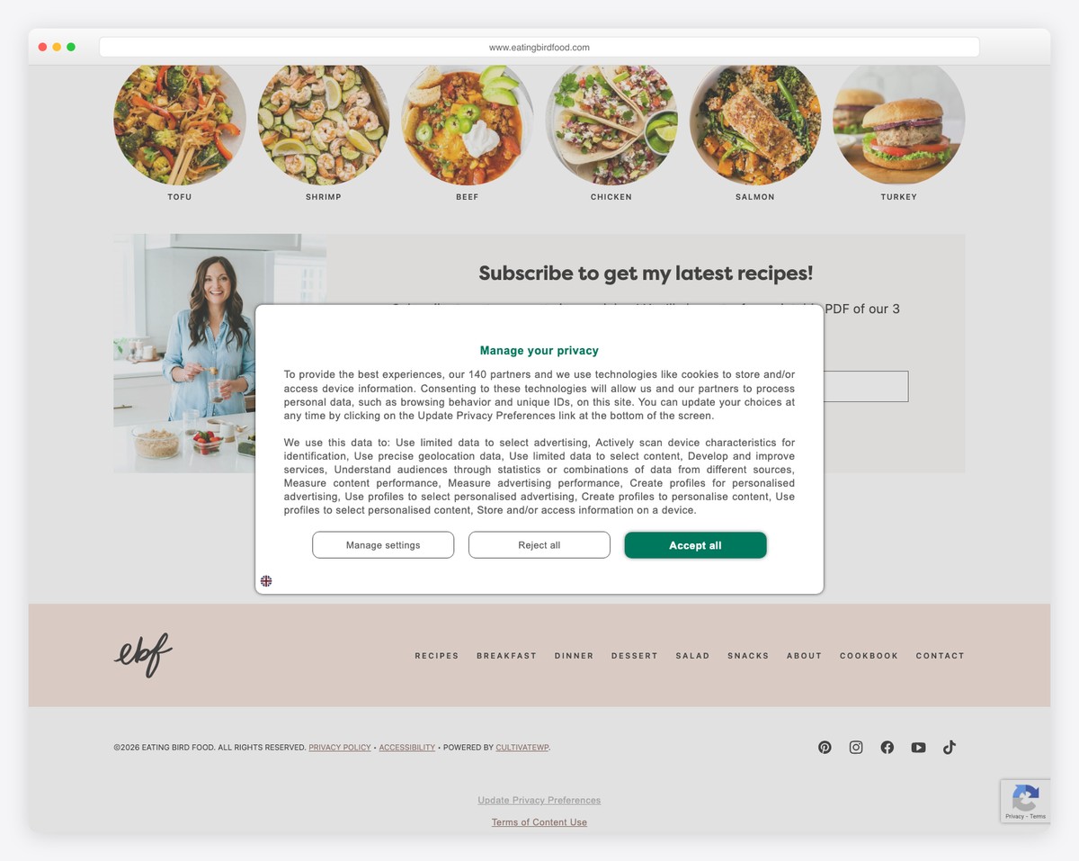 Eating Bird Food blog footer with recipe categories and newsletter signup