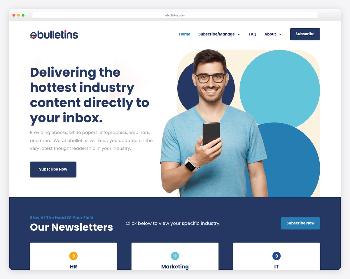 ebulletins startup website - White, yellow & teal blue colors