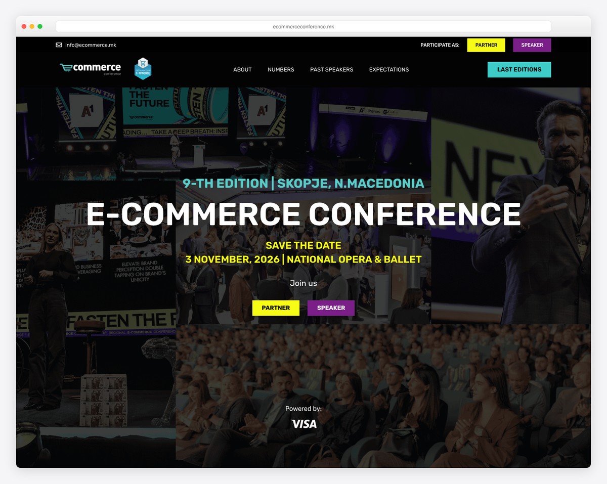ECommerce Conference - dark website design with fullscreen video