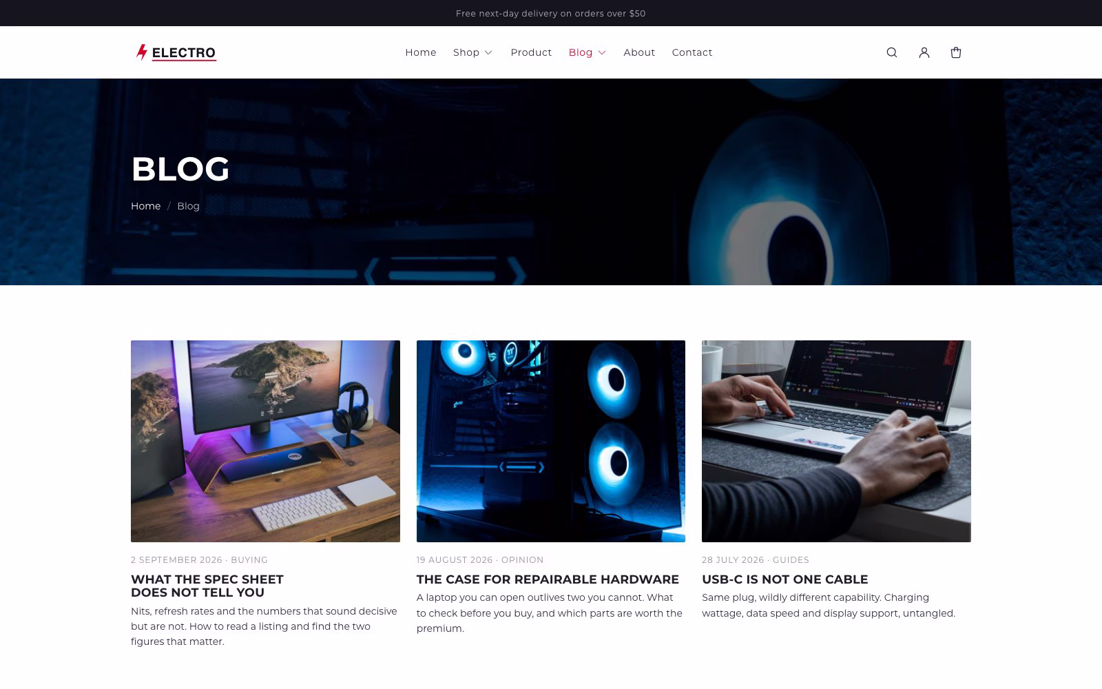 Electro Shopify theme blog page