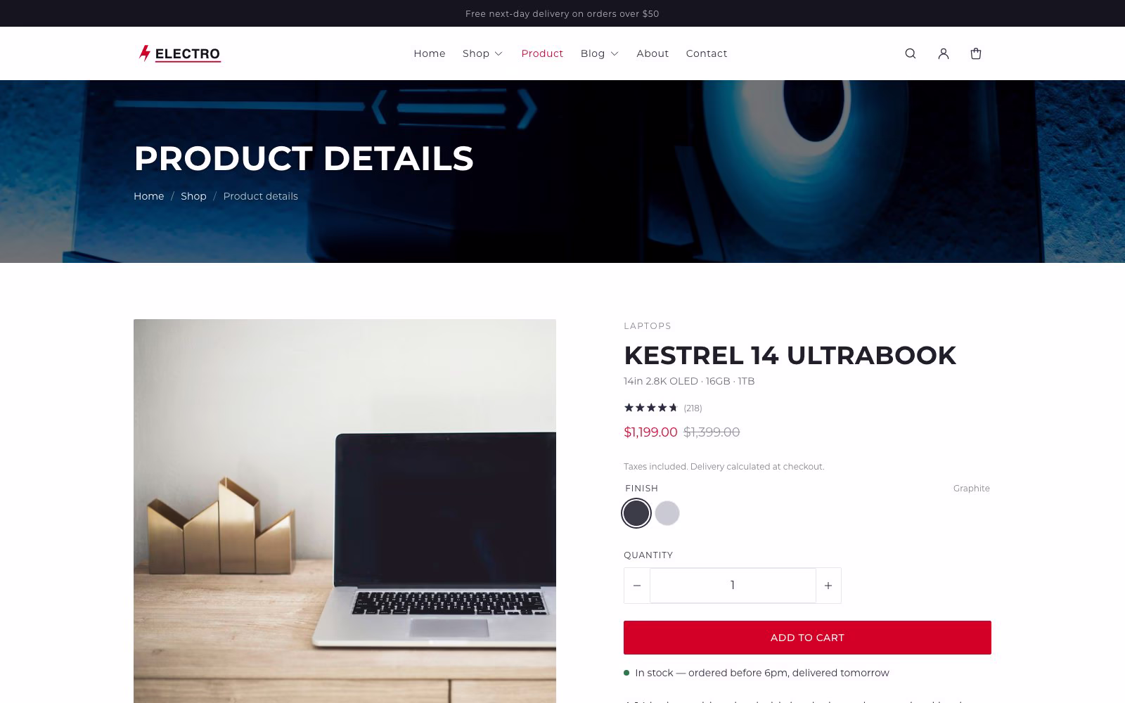 Electro Shopify theme product page with a specification table