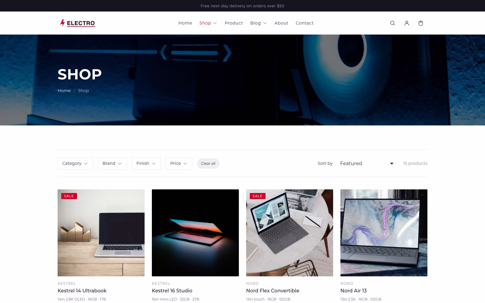 Electro Shopify theme shop page with brand and finish filters