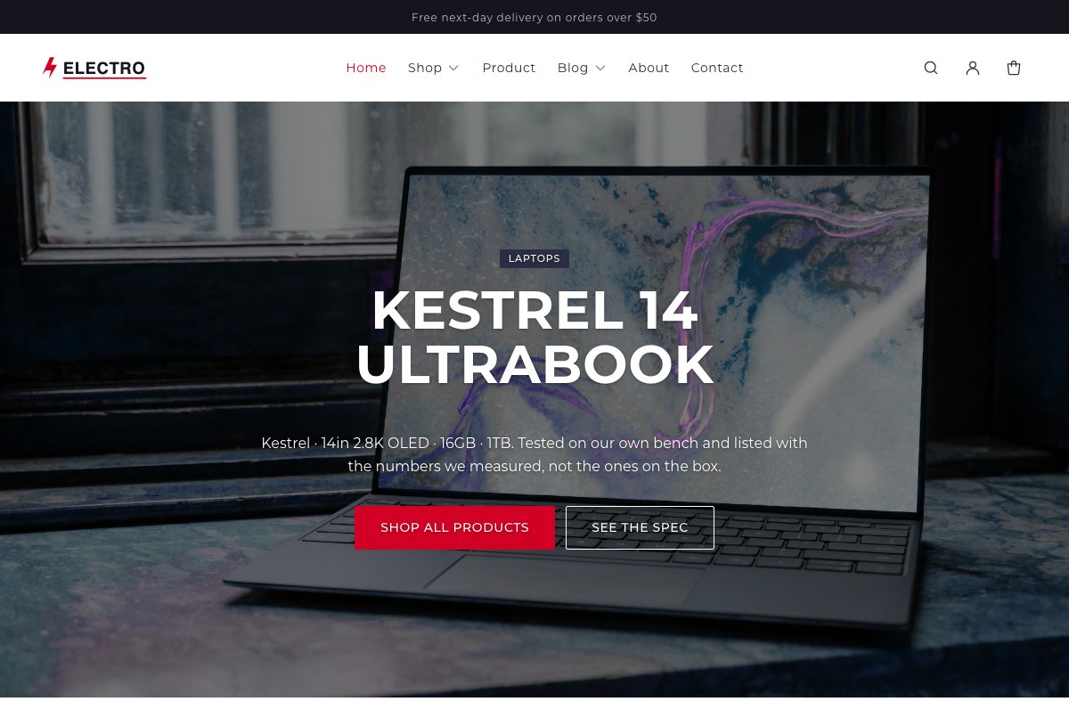Electro free Shopify electronics theme homepage with a laptop hero