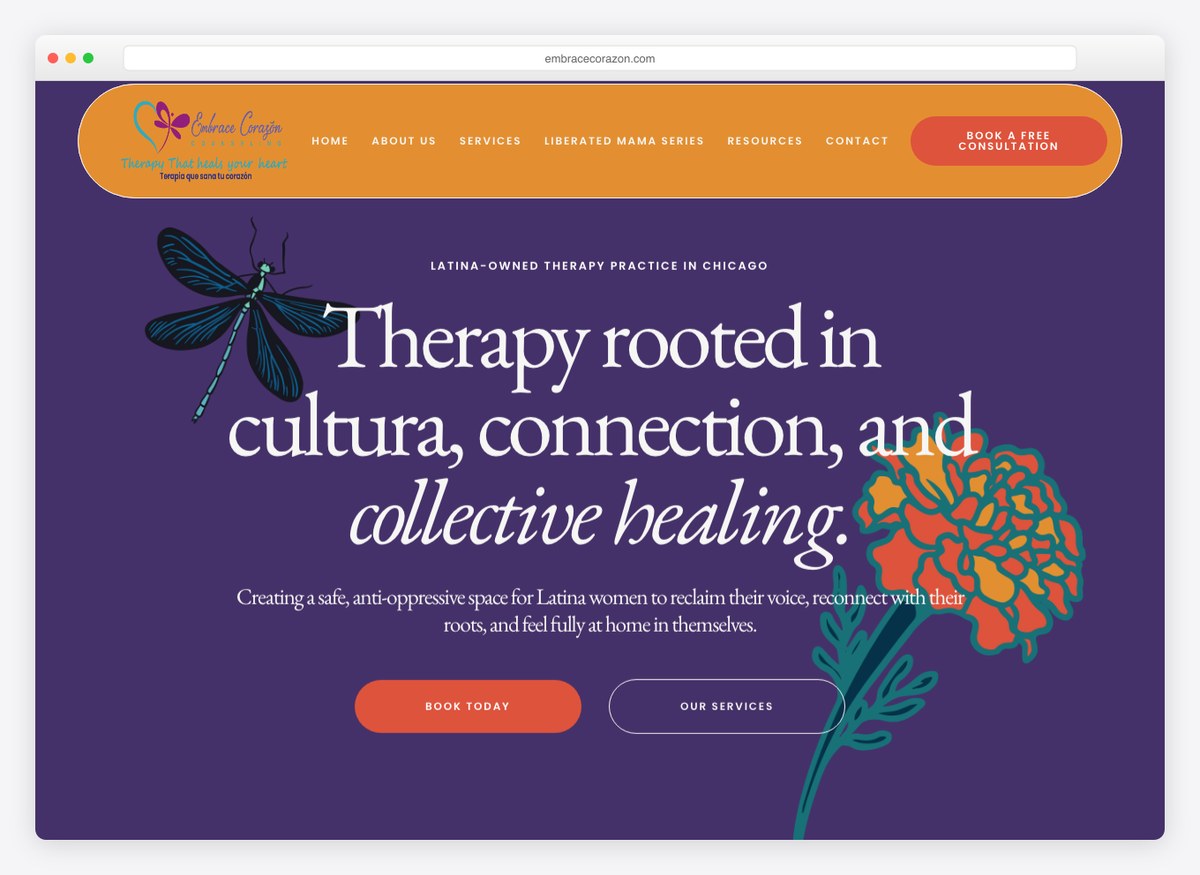 Embrace Corazón therapist website homepage