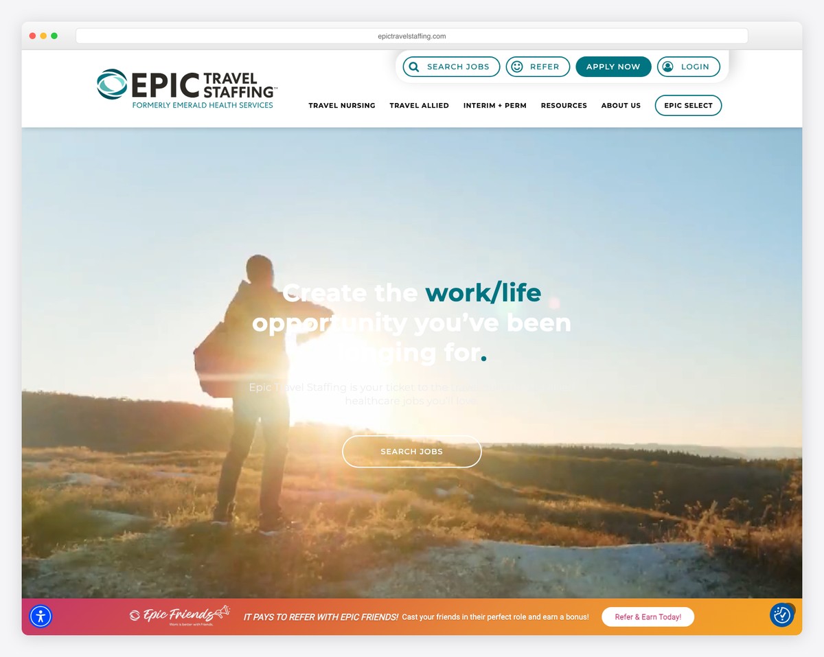epic travel staffing website example