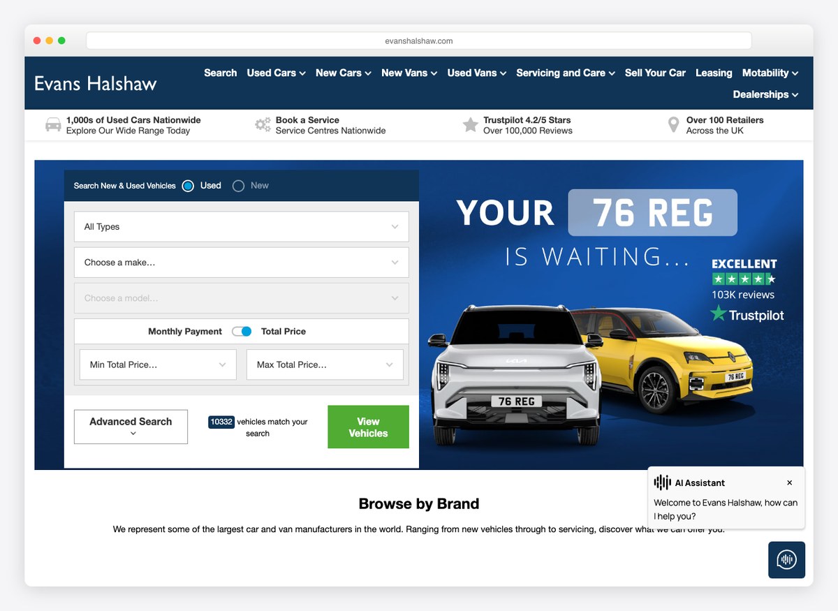 Evans Halshaw car dealer website homepage