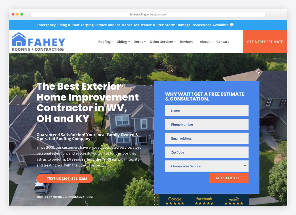 Fahey Roofing + Contracting roofing company website homepage
