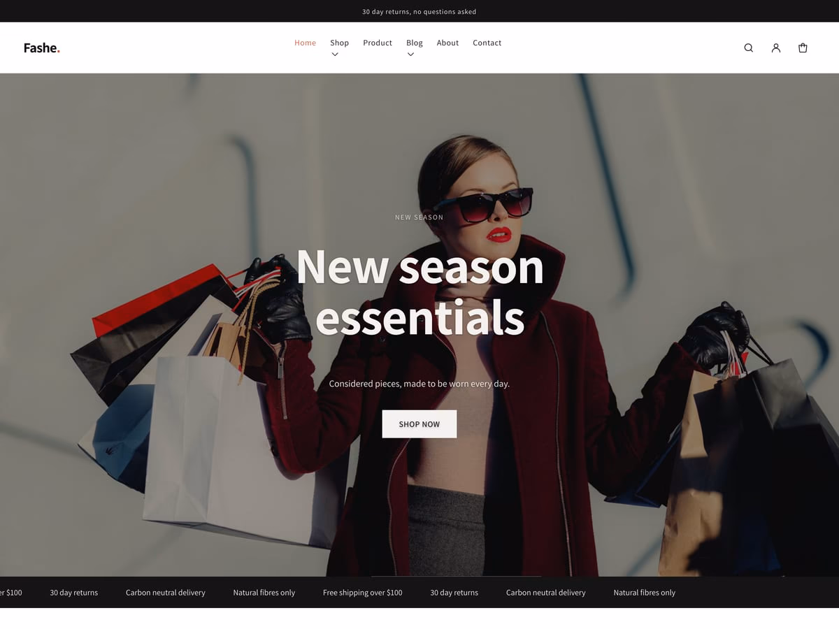 Fashe 2.0 free Shopify theme homepage with a new season fashion hero
