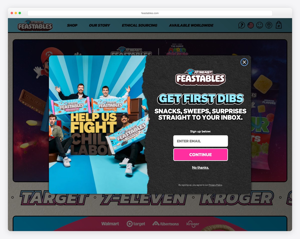 feastables startup website - Black, blue, pink, yellow colors