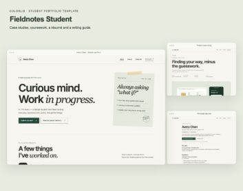 Fieldnotes Student portfolio homepage, project case study and résumé screenshots