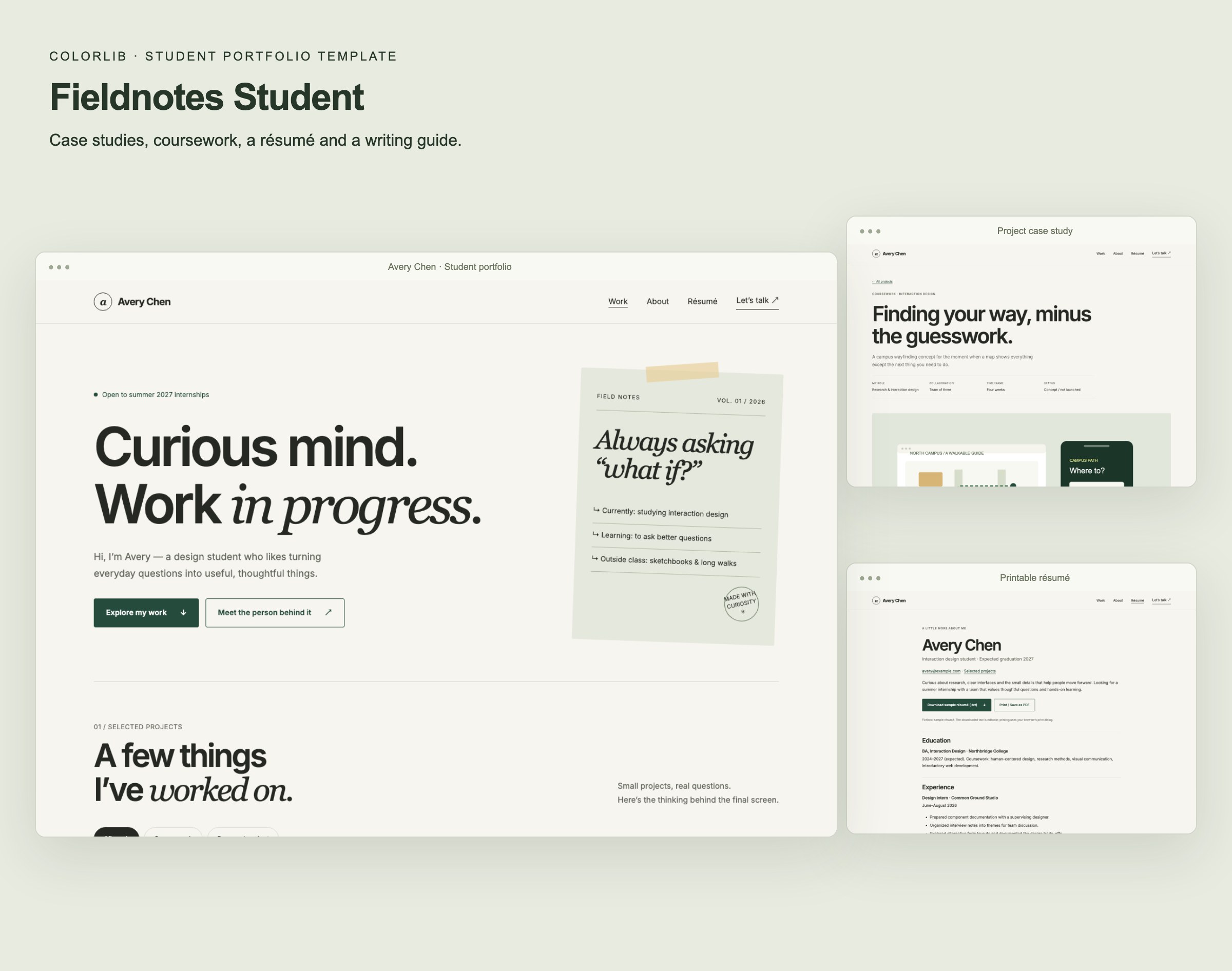 Fieldnotes Student portfolio homepage, project case study and résumé screenshots