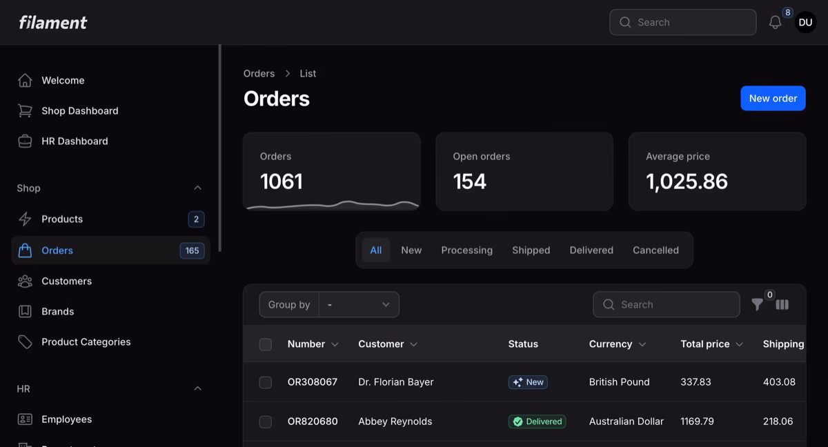 Filament - free Laravel admin panel with dark mode, resource tables, and dashboard widgets