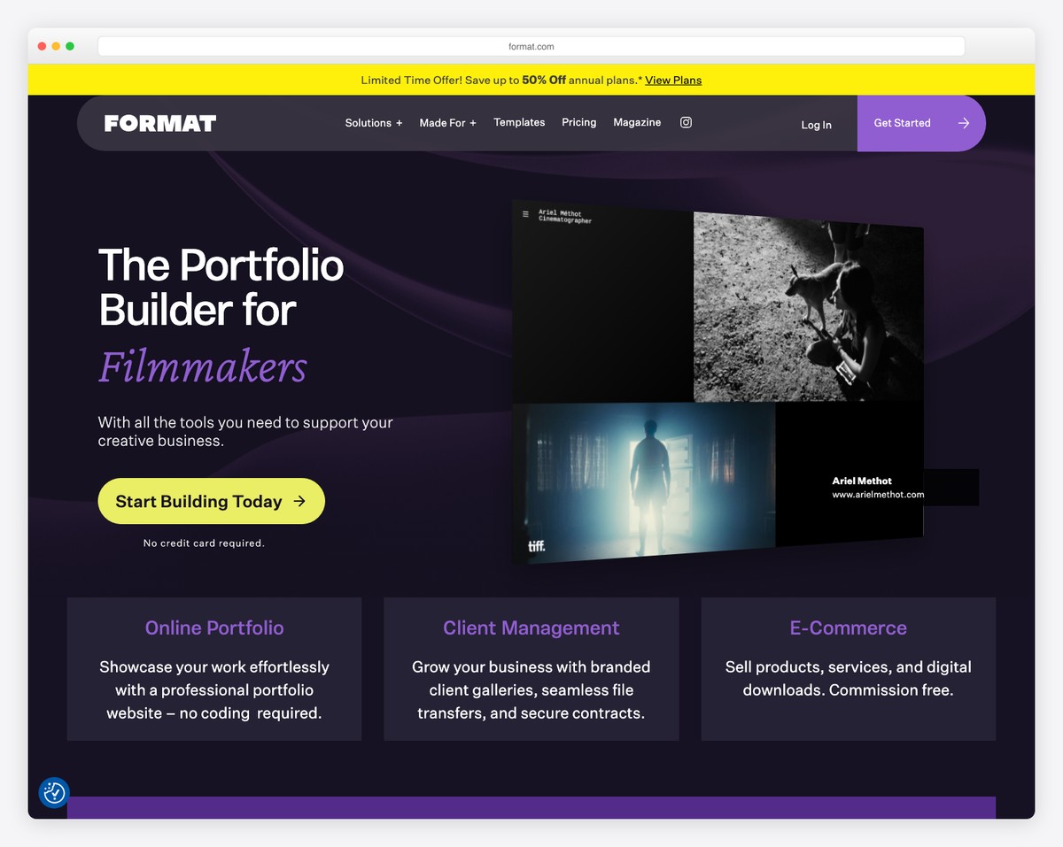Format photography portfolio builder with client proofing and galleries
