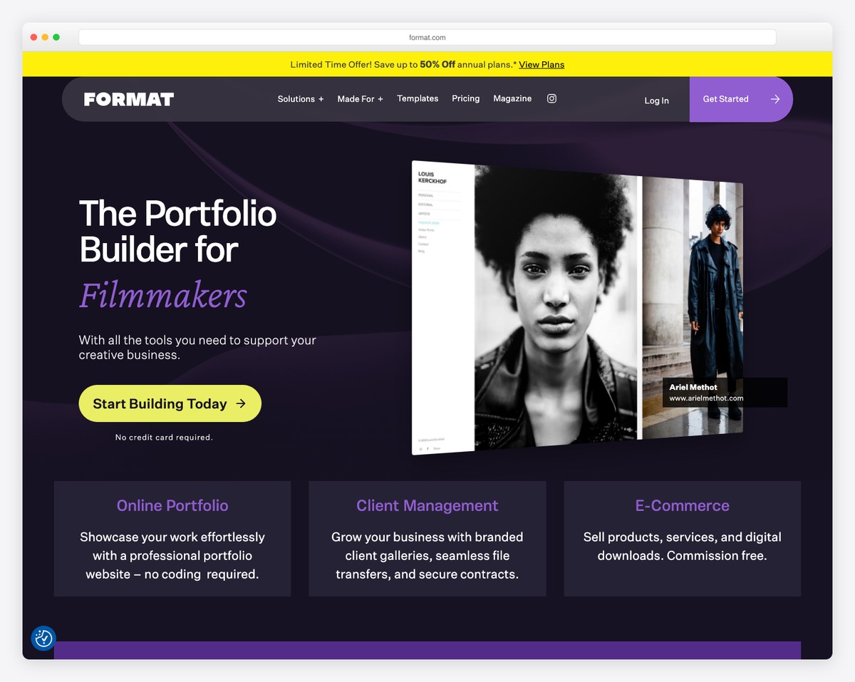 Format portfolio builder with client proofing galleries and video hosting for photographers