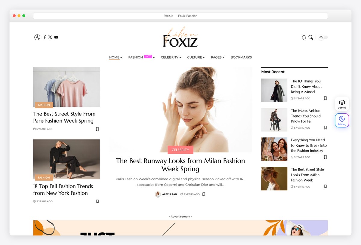 Foxiz fashion magazine WordPress theme demo