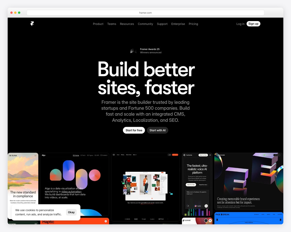 Framer website builder with scroll-triggered animations and interactive design canvas