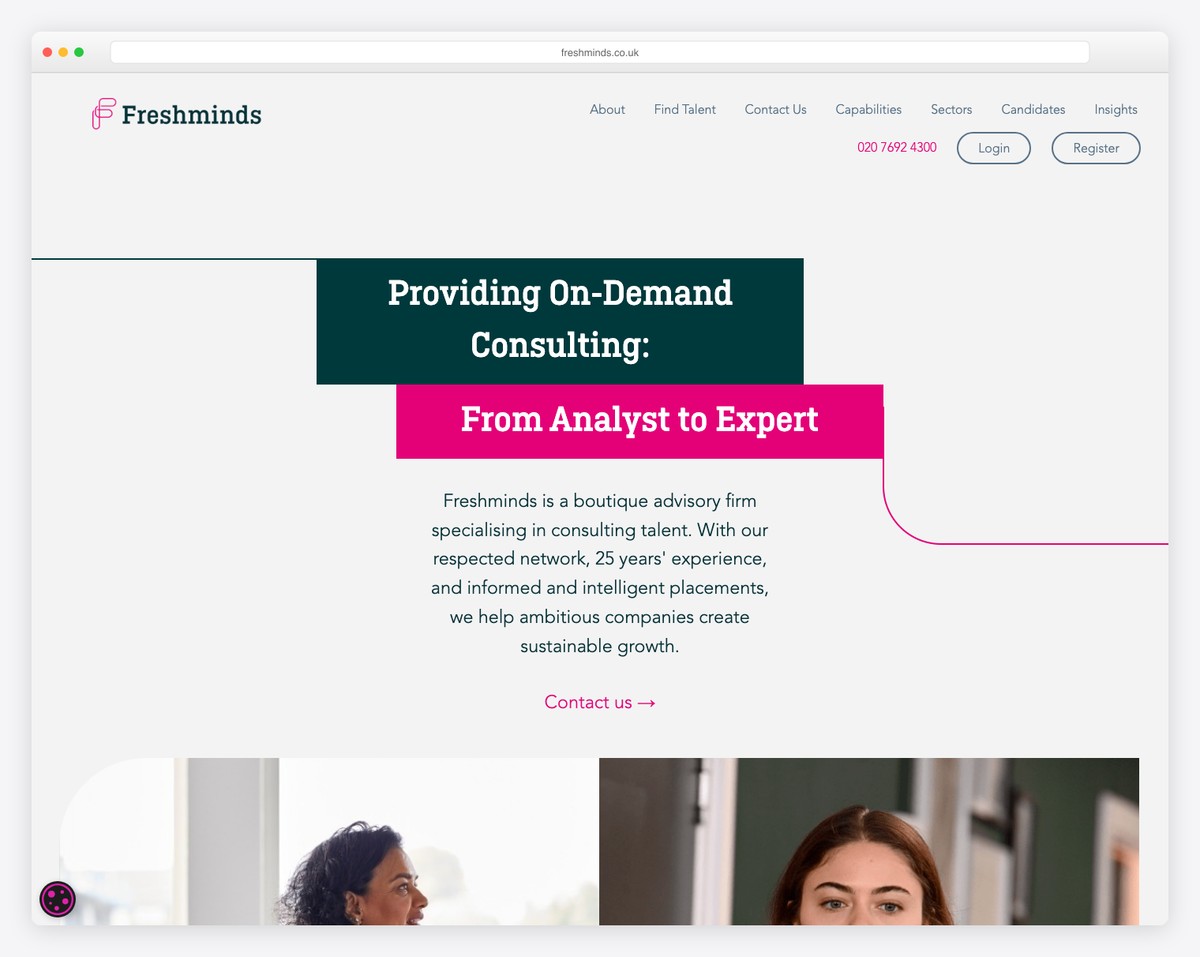 freshminds recruitment website - Deep pink, light gray & dark teal color schema