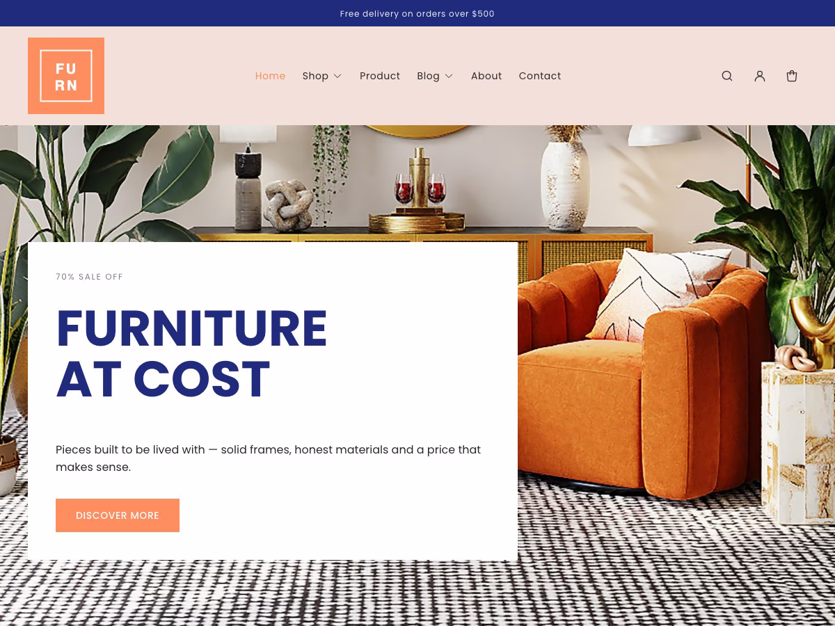 Furn free Shopify furniture theme homepage with a living-room hero