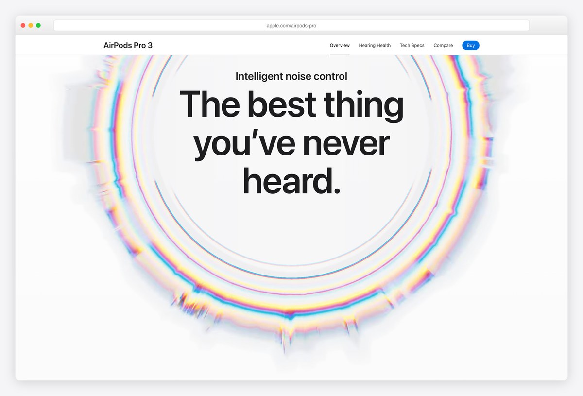 AirPods Pro page section with rings around the Intelligent noise control headline