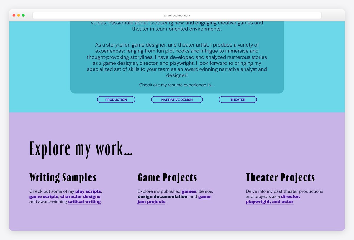 Amari O'Connor's home page with résumé buttons for production, narrative design and theater