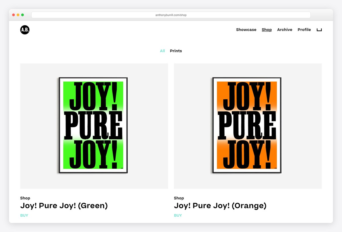 Anthony Burrill's shop of letterpress prints, reached from the main navigation