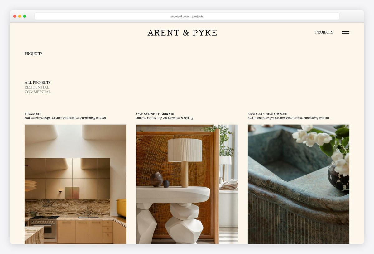 Arent&Pyke's projects page with the scope of work printed under each project name