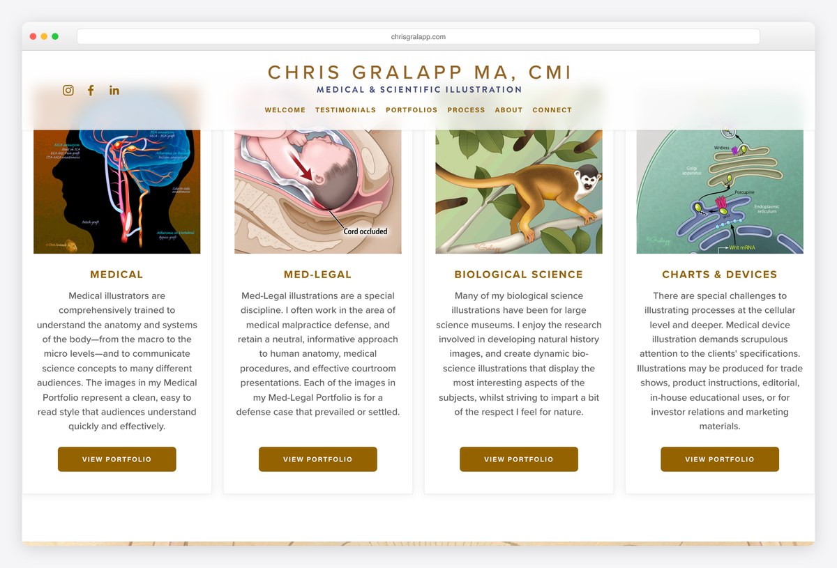 Chris Gralapp's homepage offering separate medical, med-legal, biological science and charts portfolios