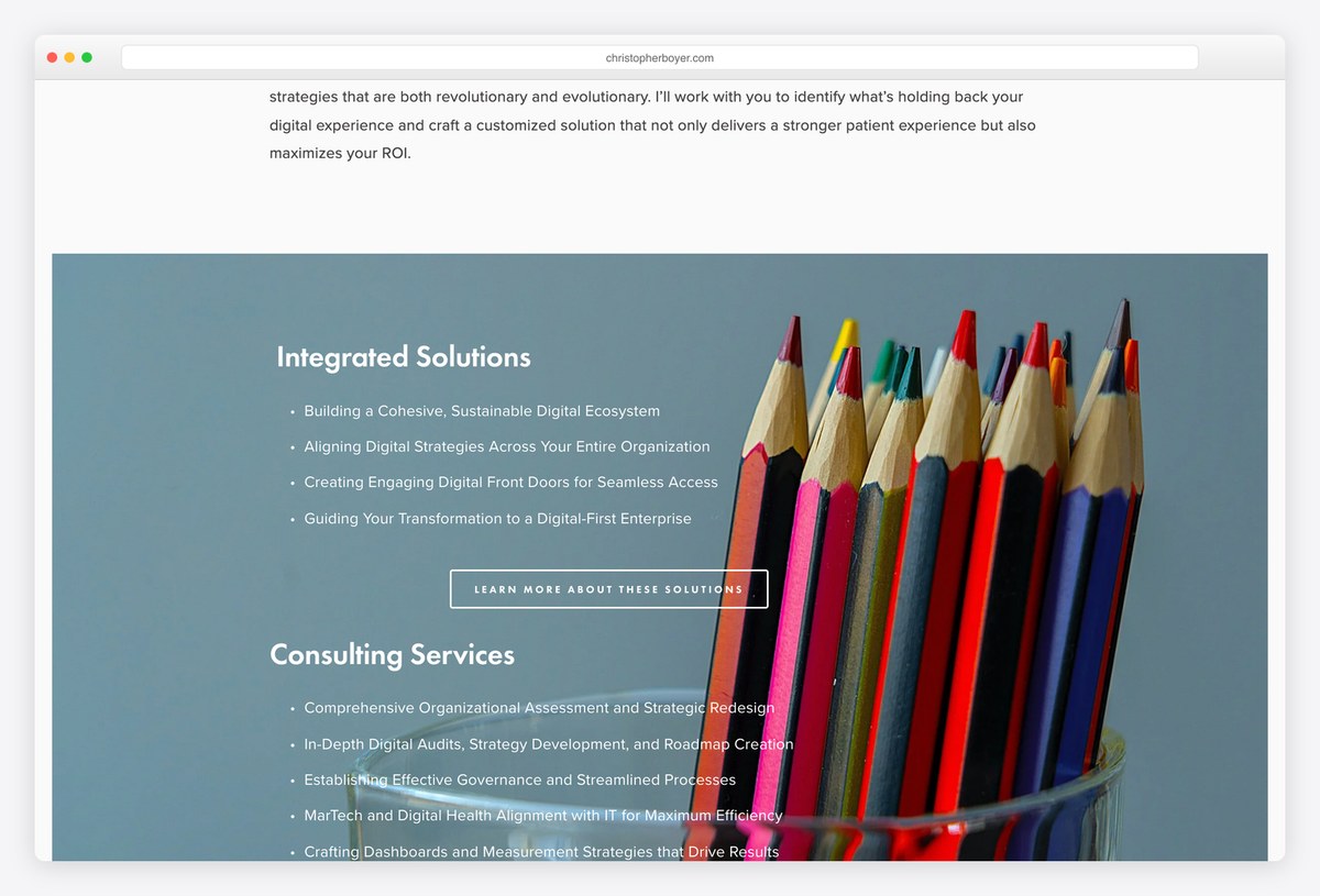 Chris Boyer website section with a colored pencils photo behind Integrated Solutions