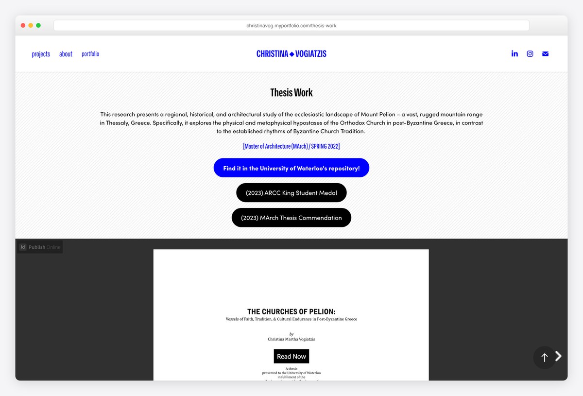 Christina Vogiatzis's thesis page with award labels, a repository link and the embedded thesis
