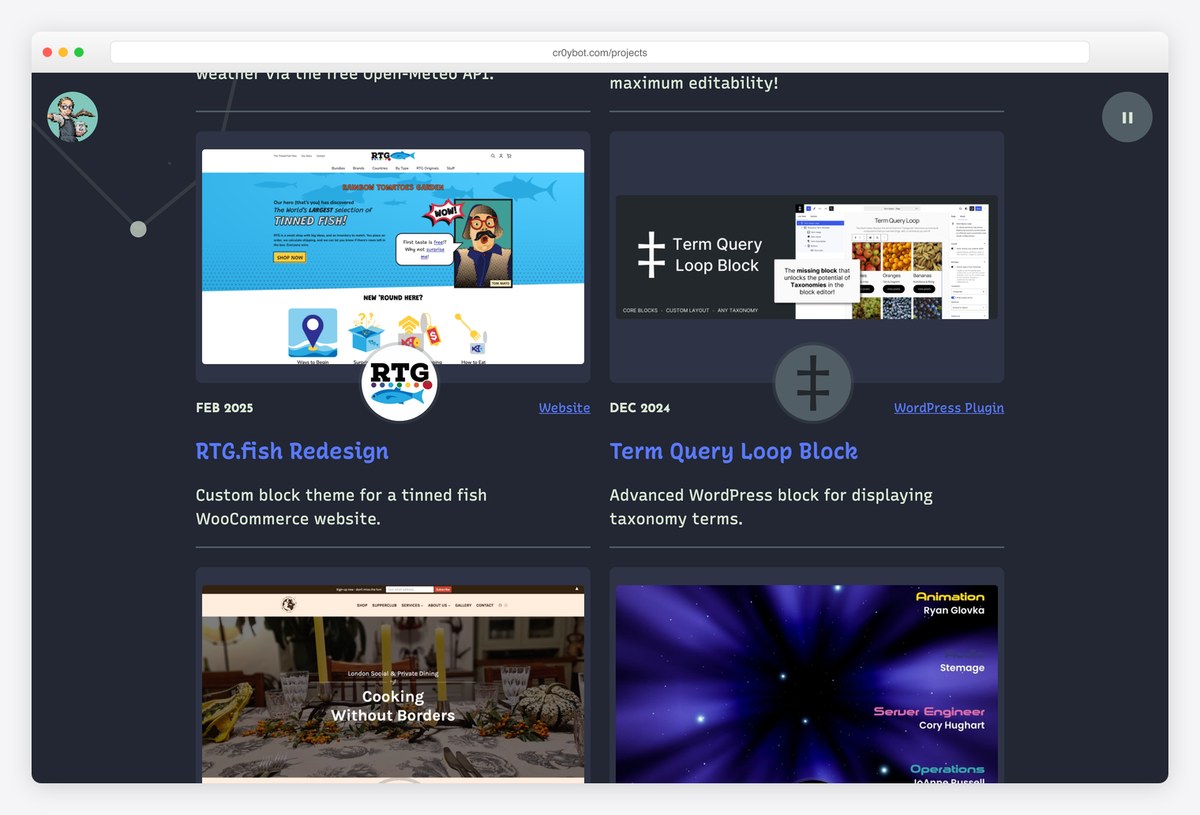 Cory Hughart's Inventory projects page listing custom block theme projects by type