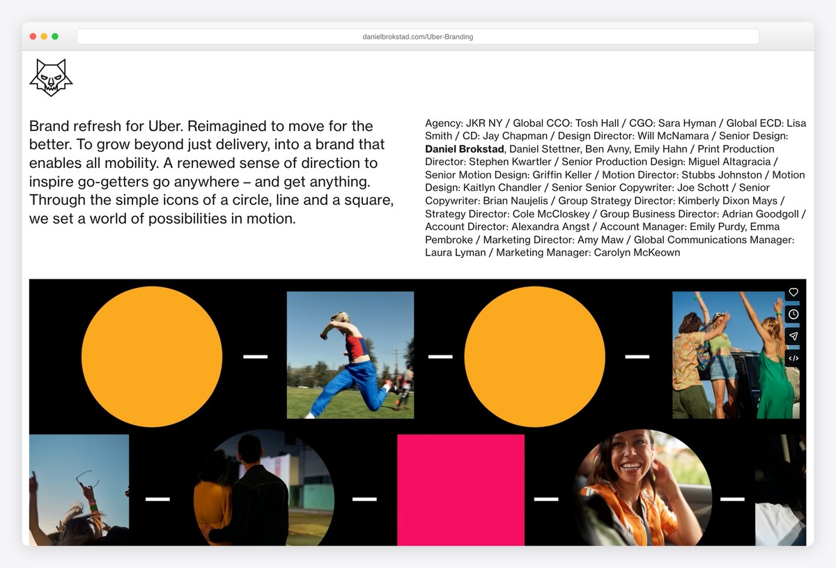 Daniel Brokstad's Uber branding page crediting the full JKR NY team