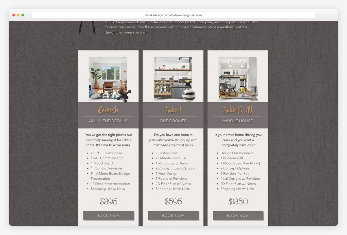 DBL Take Design's eDesign packages with prices and deliverables