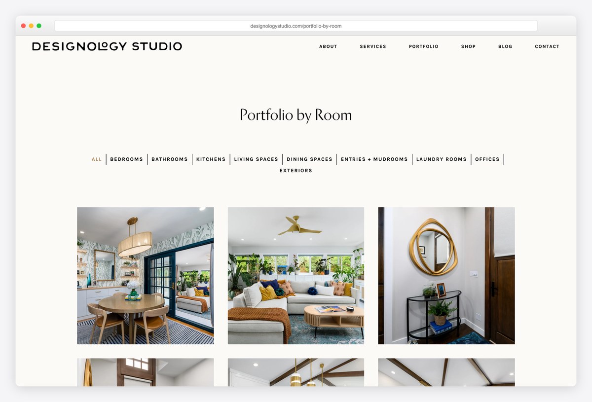 Designology Studio's Portfolio by Room page with filters for bedrooms, bathrooms, kitchens and other rooms