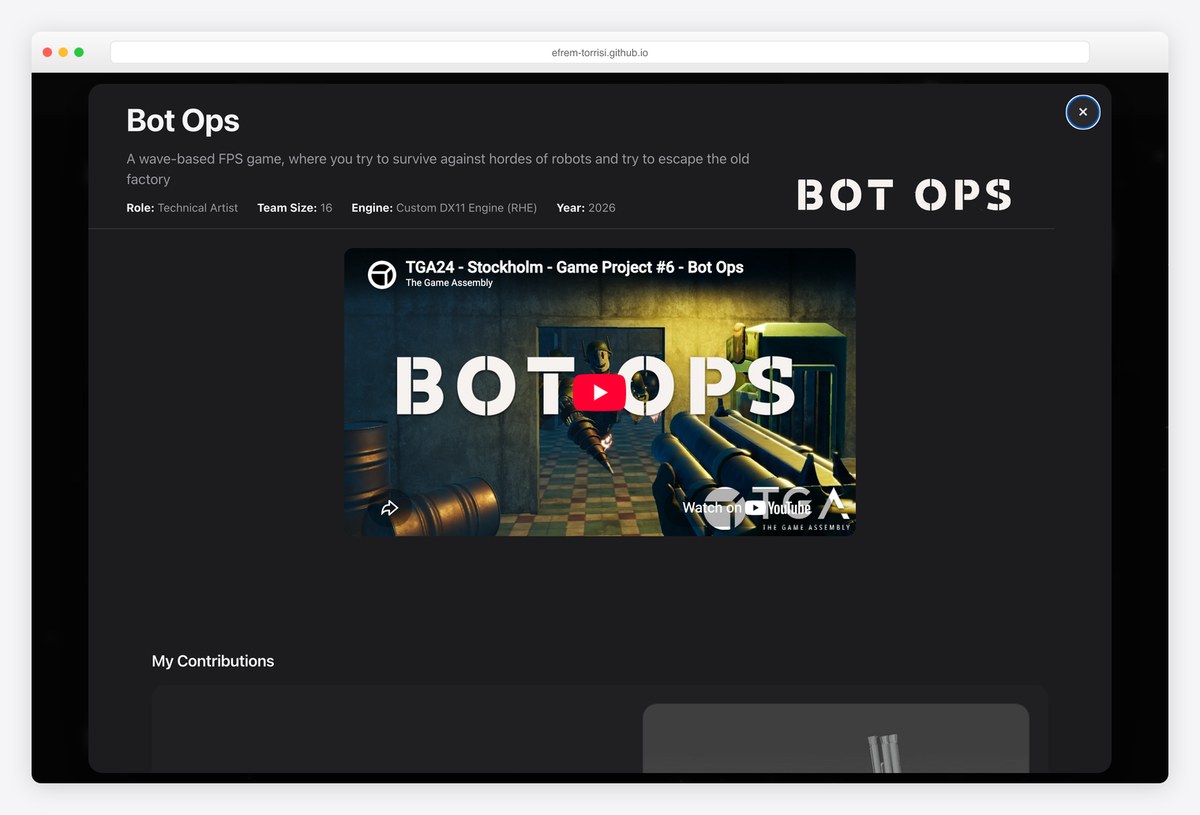 Efrem Torrisi's Bot Ops project with role, team size, engine and year