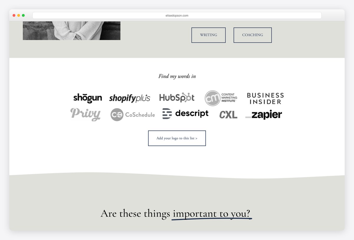 Elise Dopson's homepage row of logos of the brands she writes for