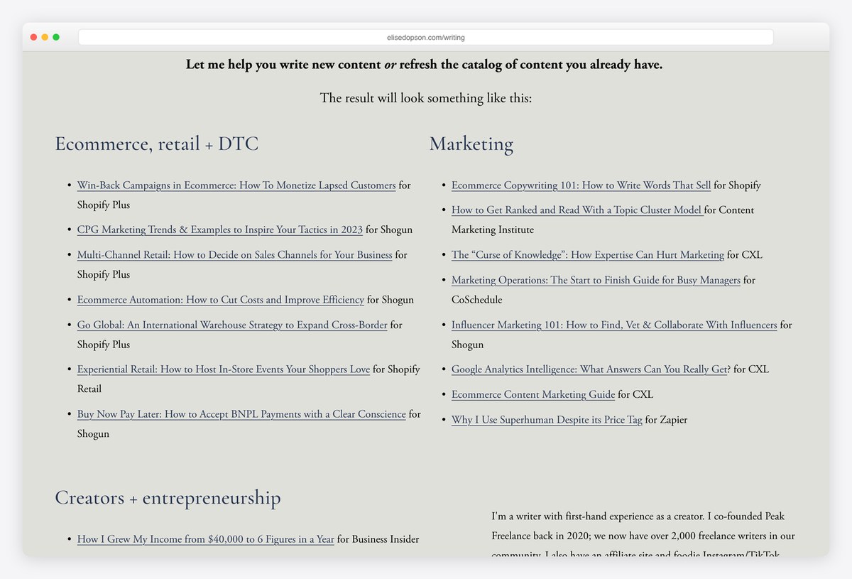 Elise Dopson's writing samples, grouped by topic with the client in each title